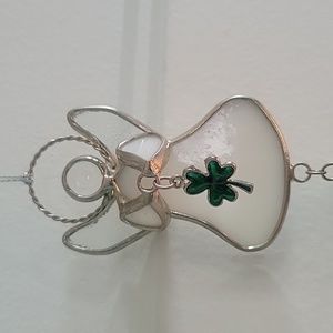 Angel wind chimes w shamrock St Patrick's Day gift white green silvertone Irish